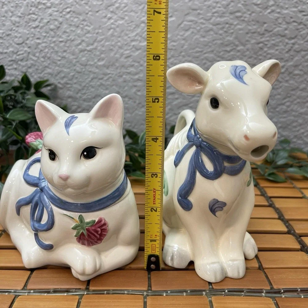 Vintage Lenox Poppies on Blue Cow Creamer Kitty Cat Sugar Bowl Barnyard Set 1998